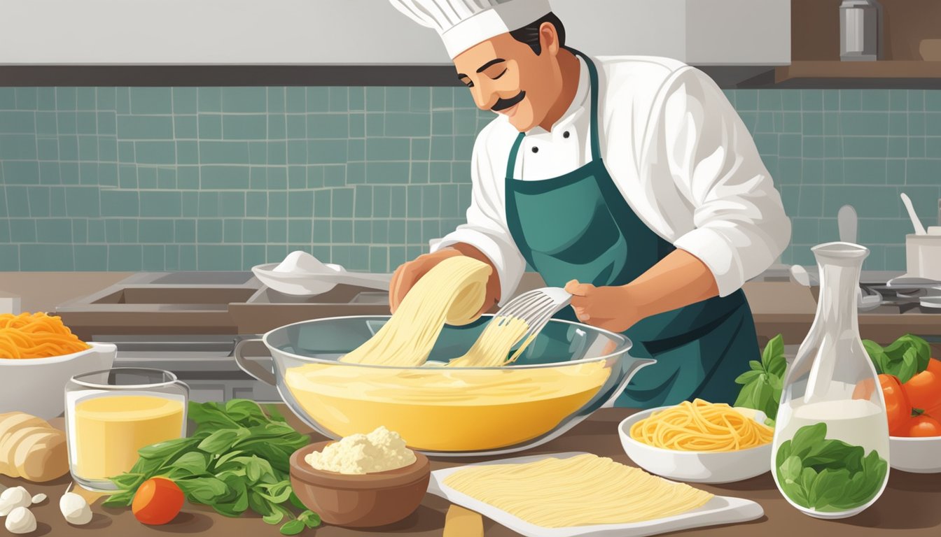 A chef pours skim ricotta into a mixing bowl, alongside lasagna noodles and other ingredients