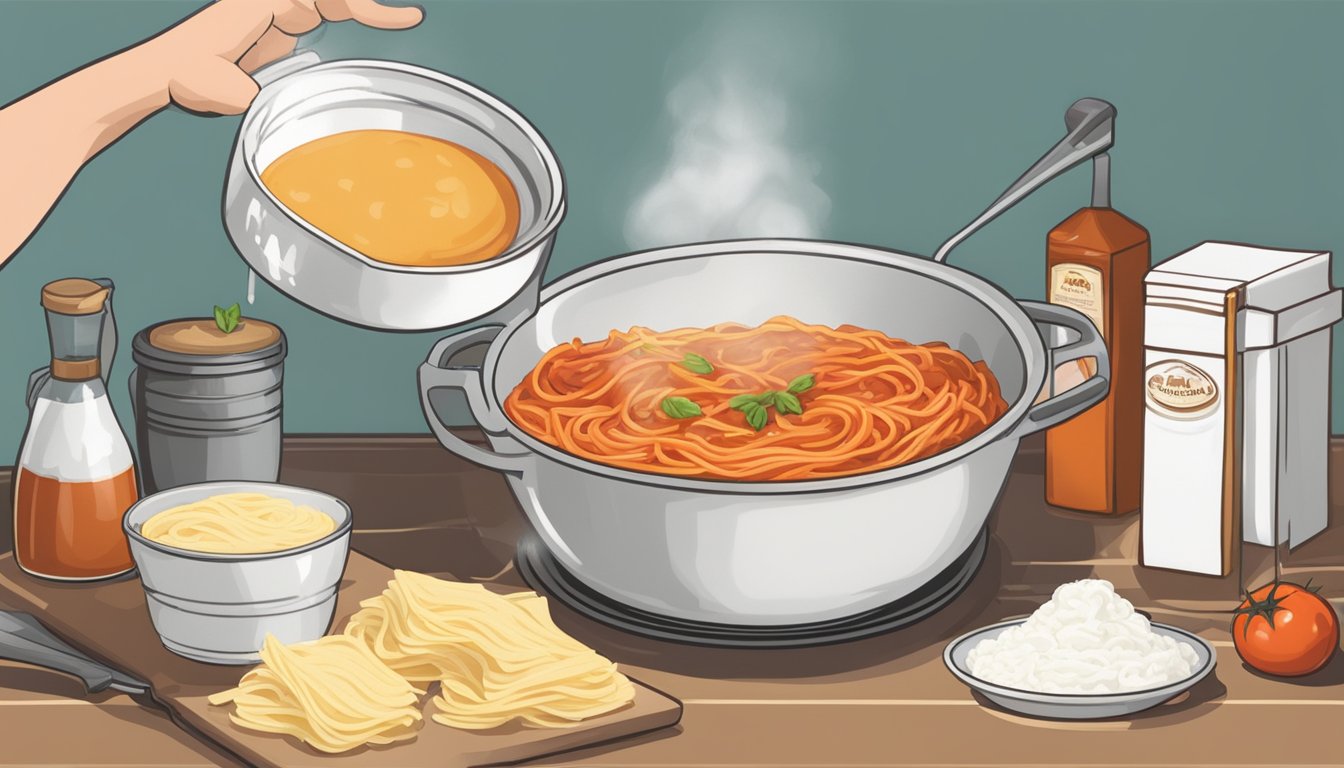 A chef pours skim ricotta into a mixing bowl, next to a box of lasagna noodles and a pan of simmering tomato sauce