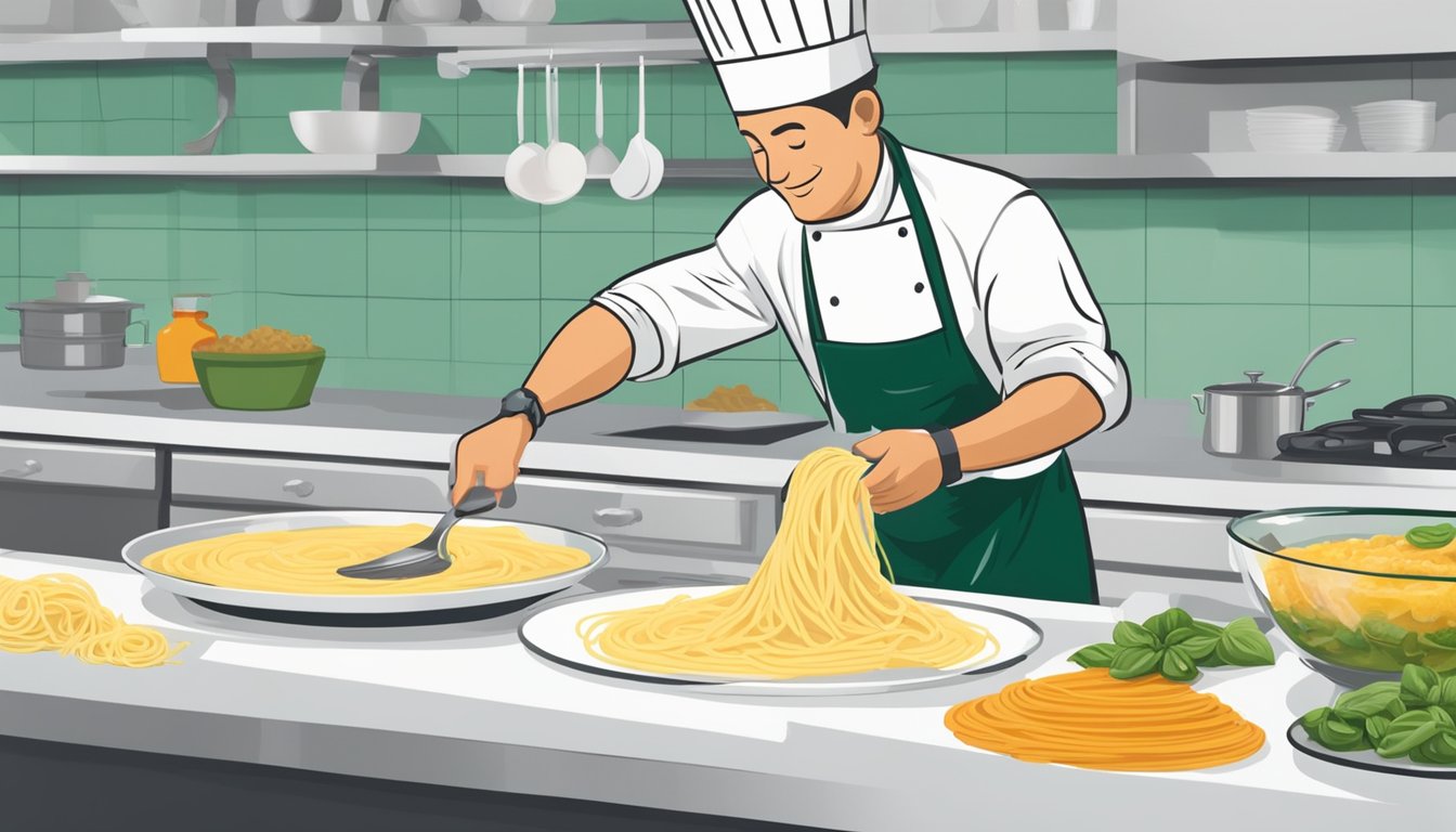 A chef pouring skim ricotta into a bowl, next to a lasagna pan with layers of noodles and sauce. Ingredients like spinach and mozzarella are nearby