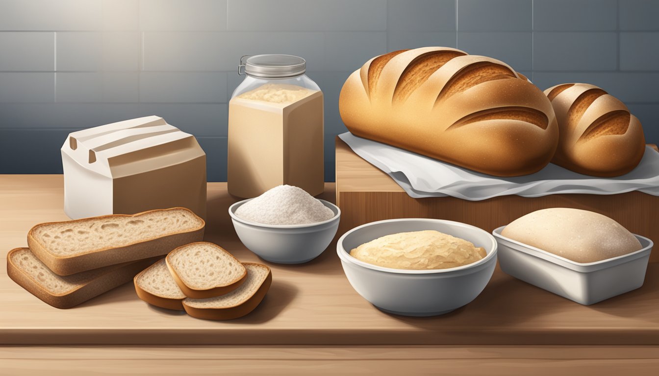 A variety of bread loaves with sourdough starter and yeast packets on a kitchen counter