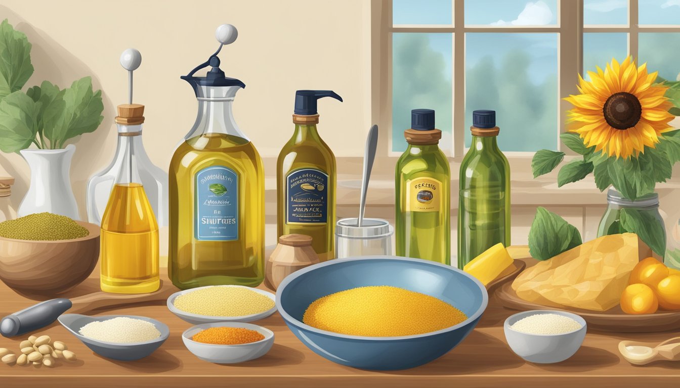 A kitchen counter with bottles of sunflower and safflower oil, measuring spoons, and various cooking ingredients