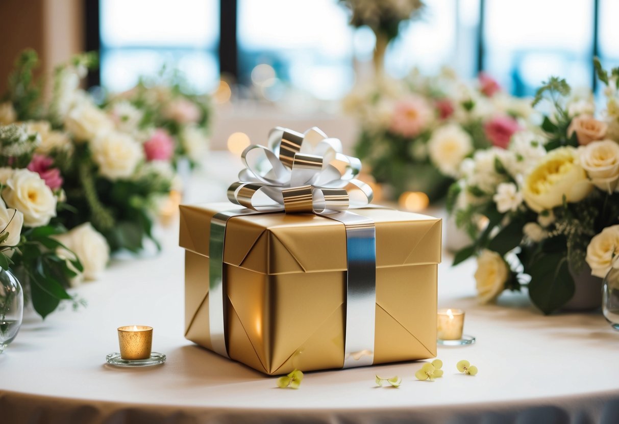 A wrapped gift box on a table, surrounded by flowers and wedding decor