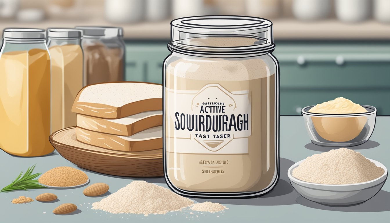 A jar of active sourdough starter sits next to a packet of yeast, surrounded by various non-bread ingredients like flour, sugar, and eggs