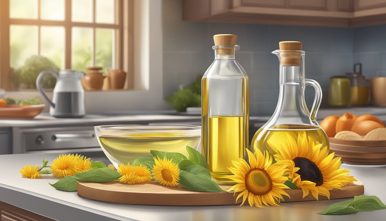 A bottle of sunflower oil sits next to a bottle of safflower oil on a kitchen counter, with various cooking utensils and ingredients scattered around