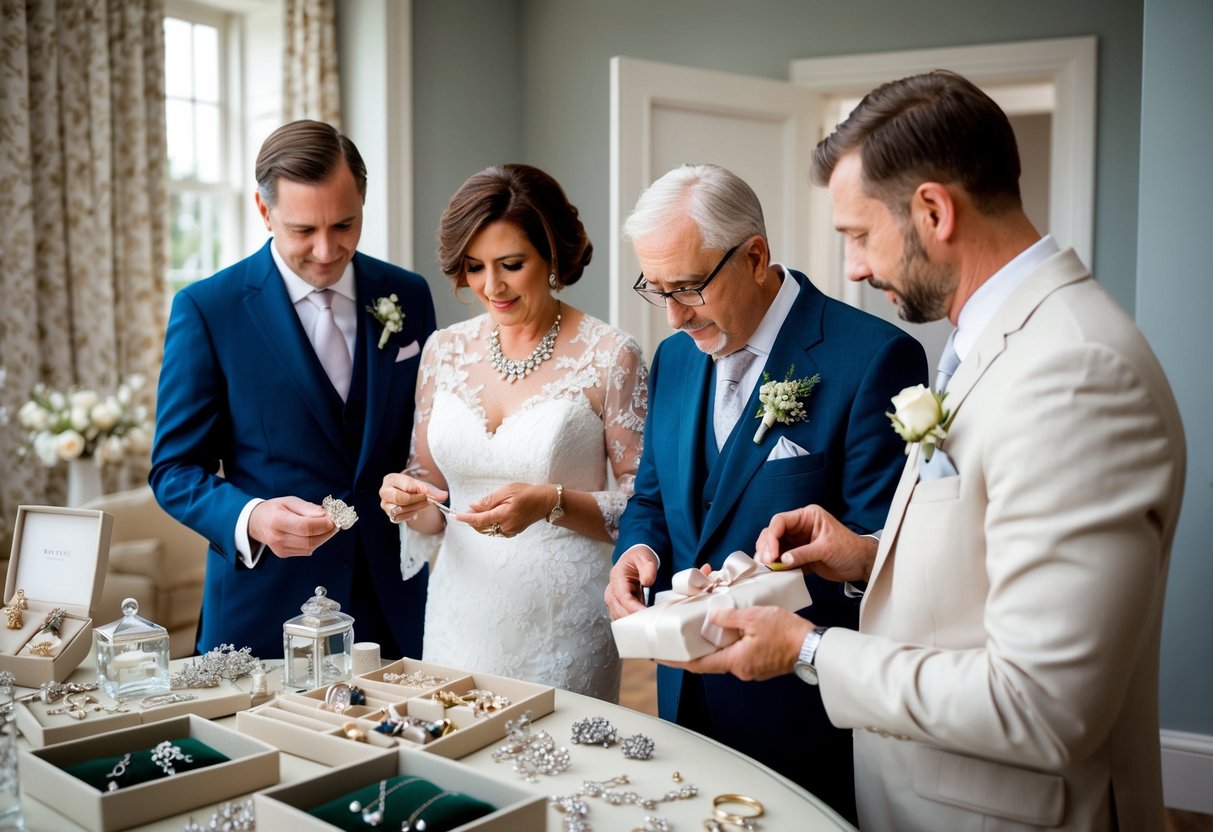 The groom's parents browsing through elegant jewelry and delicate trinkets, carefully selecting the perfect gift for the bride