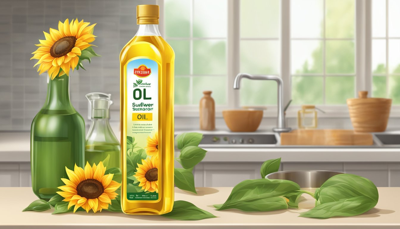 A bottle of sunflower oil replaces a bottle of safflower oil on a kitchen counter