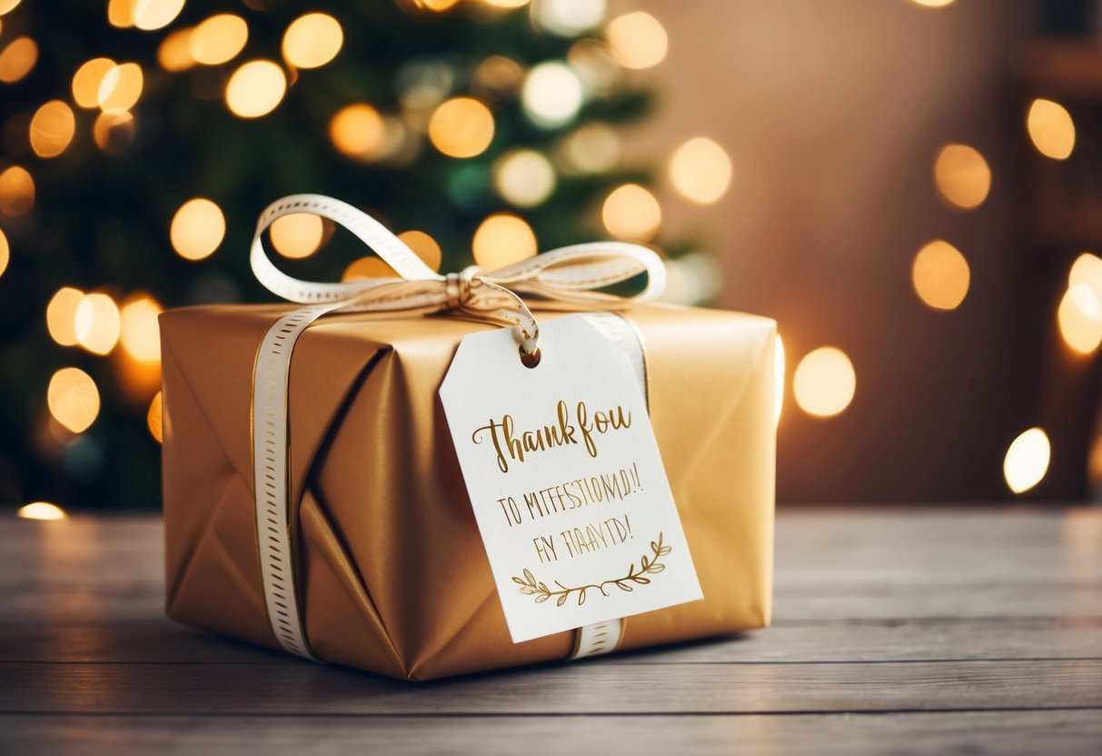 A beautifully wrapped gift sits on a table, adorned with a ribbon and a tag expressing gratitude