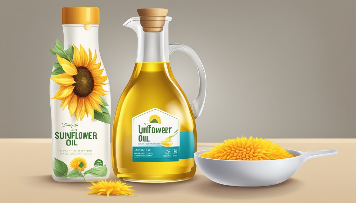 A bottle of sunflower oil being poured into a measuring cup, with a bottle of safflower oil placed next to it