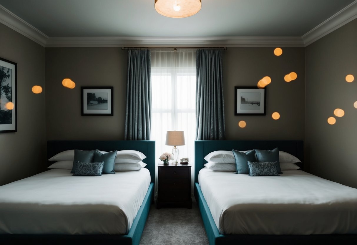 A moonlit bedroom with two separate beds, one for the bride and one for the groom, with a sense of anticipation and excitement in the air