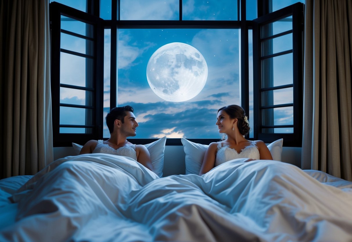 A bride and groom lie in separate beds, gazing at the moonlit sky through their open windows
