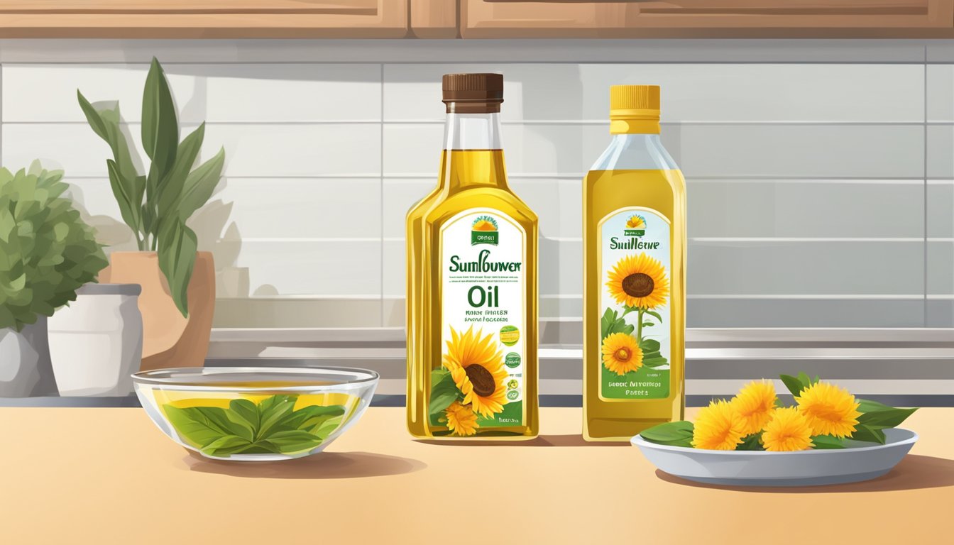 A bottle of sunflower oil being poured into a measuring cup, next to a bottle of safflower oil on a kitchen counter