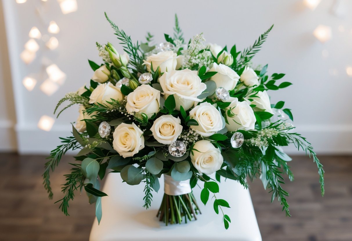 A lavish wedding bouquet of white roses, cascading greenery, and shimmering crystals