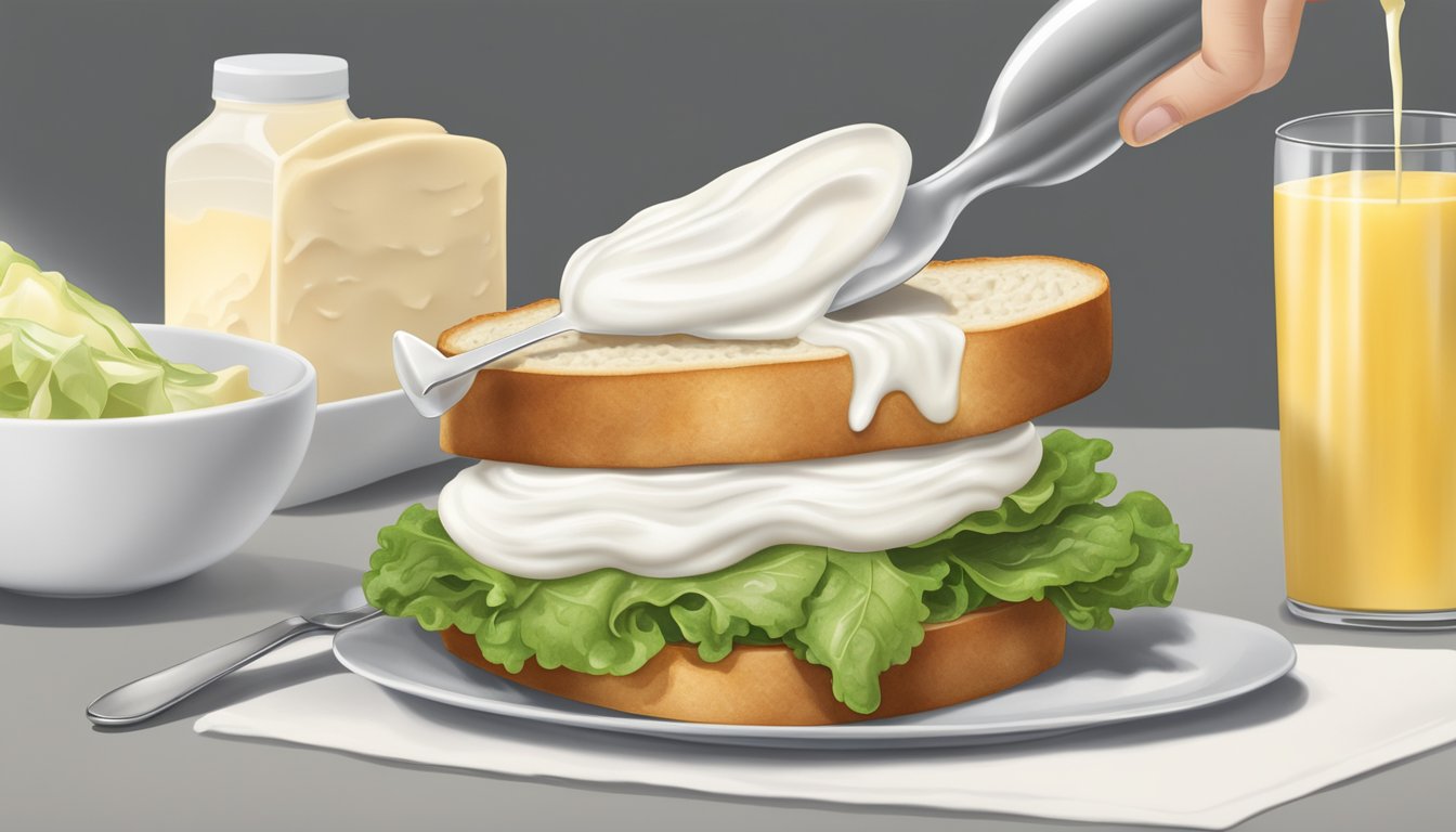 A dollop of sour cream being spooned onto a sandwich in place of mayonnaise