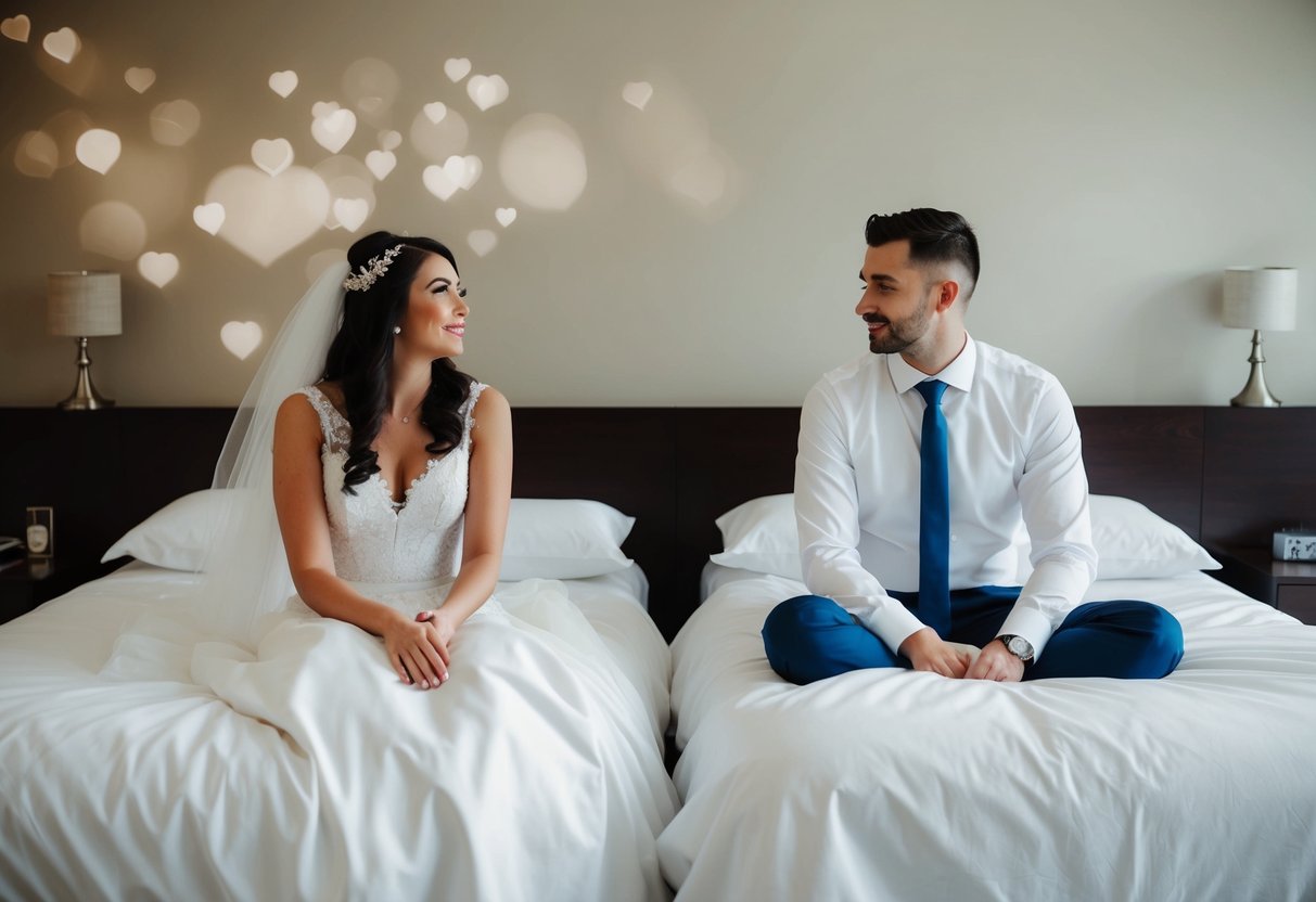 The bride and groom sit on separate beds, contemplating the tradition of not seeing each other before the wedding. Their thoughts are depicted through their body language and facial expressions