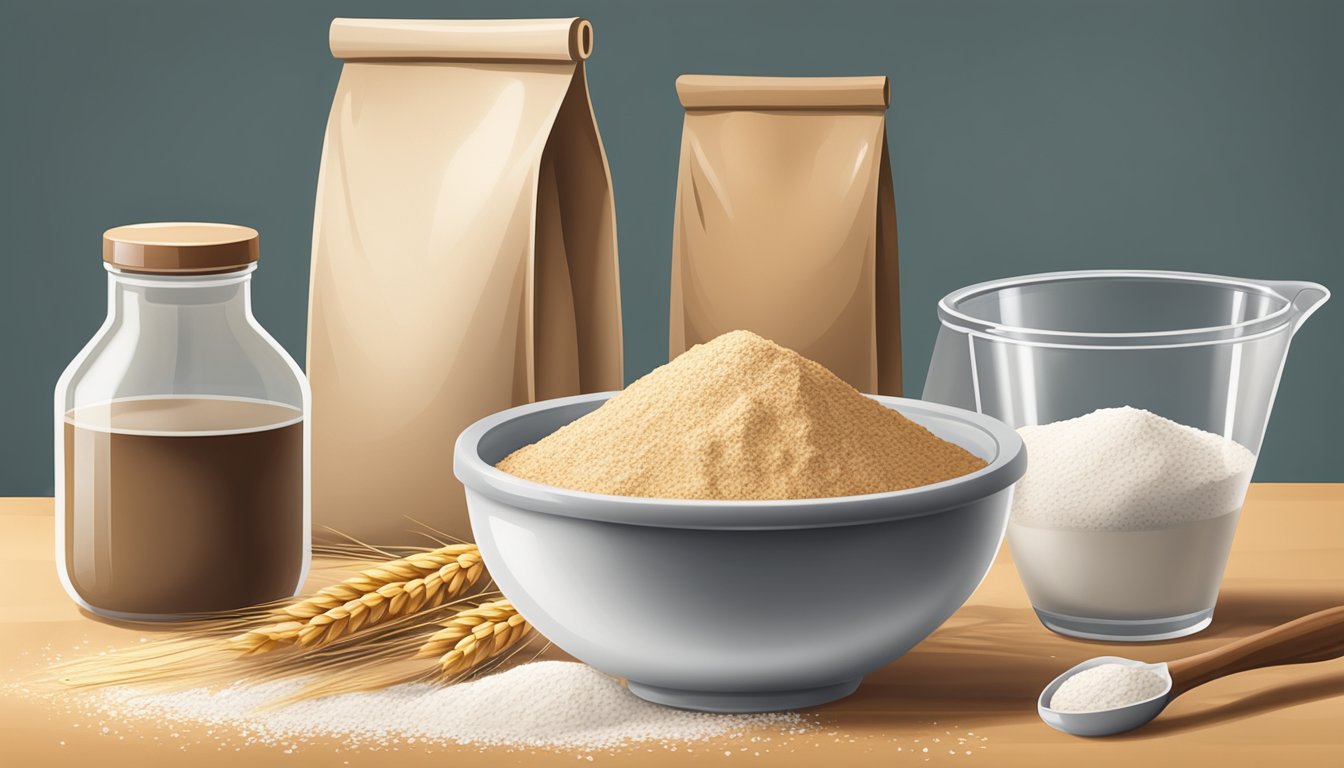 A kitchen counter with a bag of spelt flour next to a bag of wheat flour, a measuring cup, and a mixing bowl