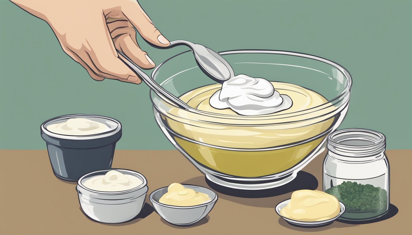 A dollop of sour cream being added to a bowl while a jar of mayonnaise sits nearby. A hand holds a spoon, mixing the ingredients together