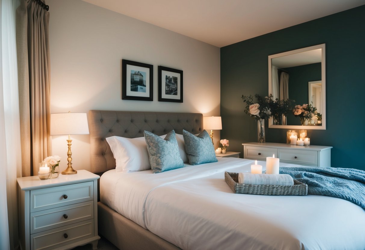 A cozy bedroom with a large bed and two nightstands, decorated with romantic touches like candles and flowers