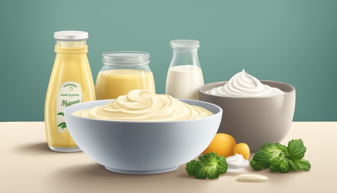 A bowl of sour cream and mayonnaise with various ingredients around it, showcasing the process of substituting one for the other in a recipe