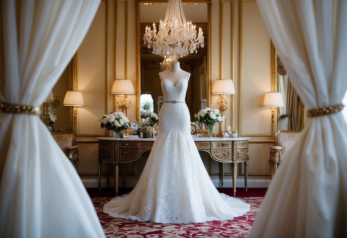 A luxurious wedding gown and accessories on a grand, opulent dressing table