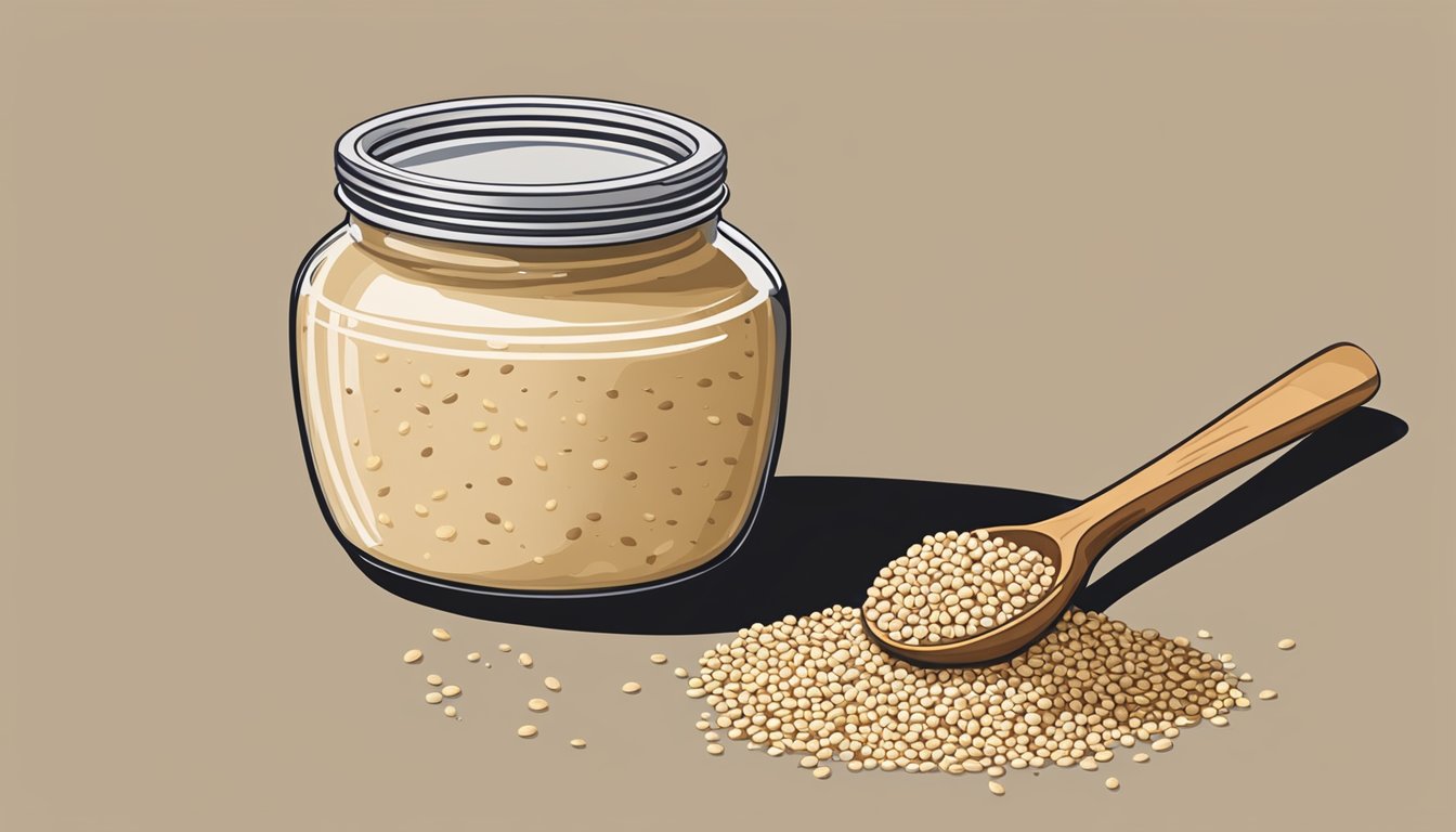 A jar of tahini sits next to a pile of sesame seeds, with a measuring spoon pouring tahini into a bowl