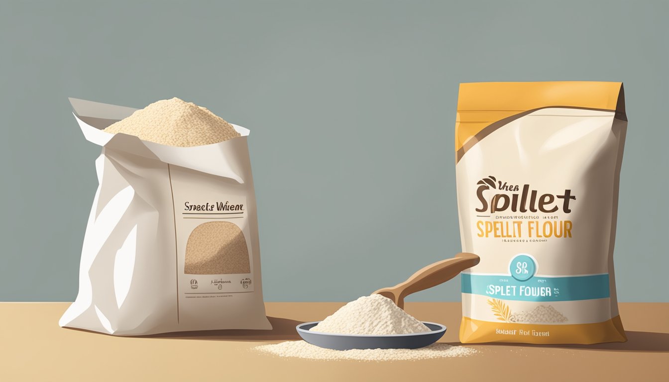 A bag of spelt flour sits next to a bag of wheat flour on a kitchen counter, with a measuring cup and spoon nearby