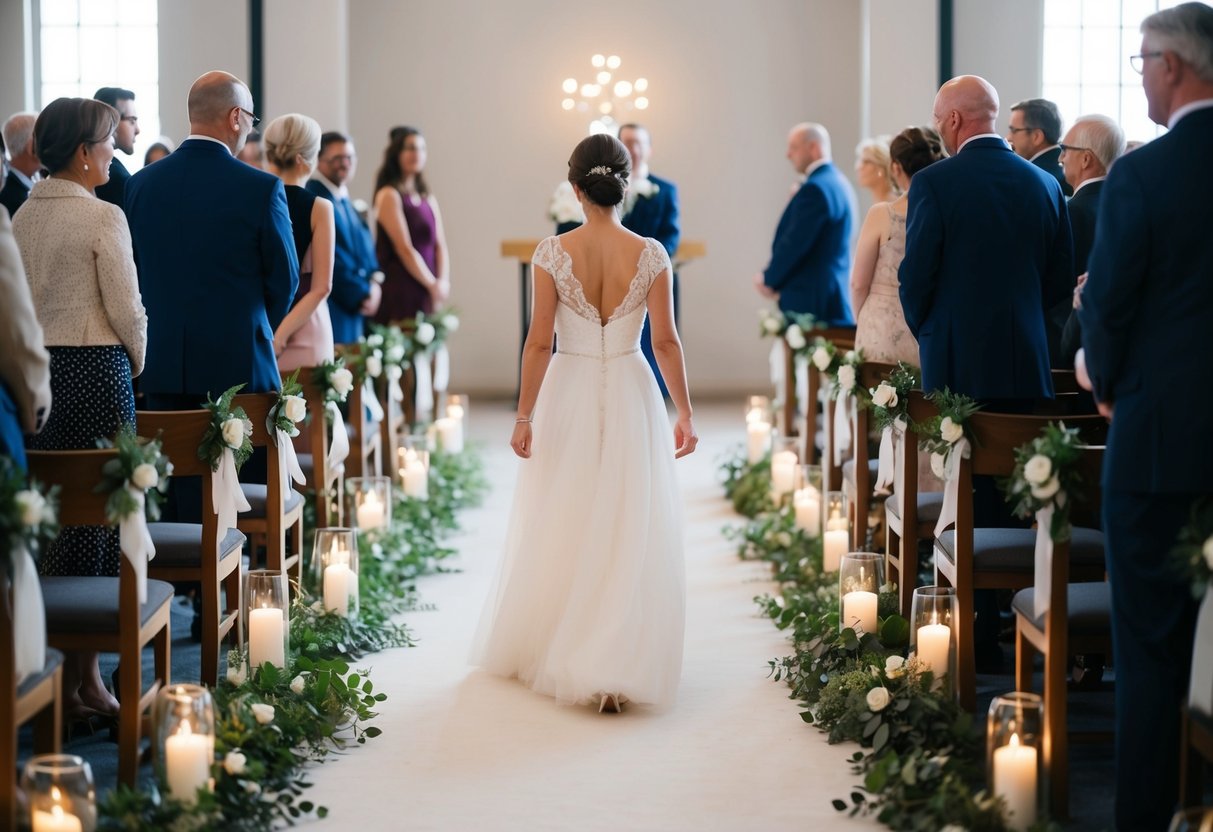A lone figure moves confidently down the aisle. The space is filled with anticipation and quiet reverence