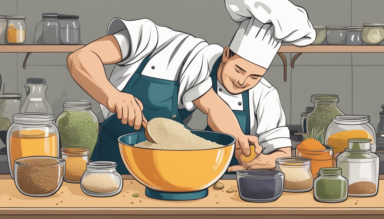 A chef pouring a different paste from a jar into a mixing bowl surrounded by various ingredients like sesame seeds, oil, and spices