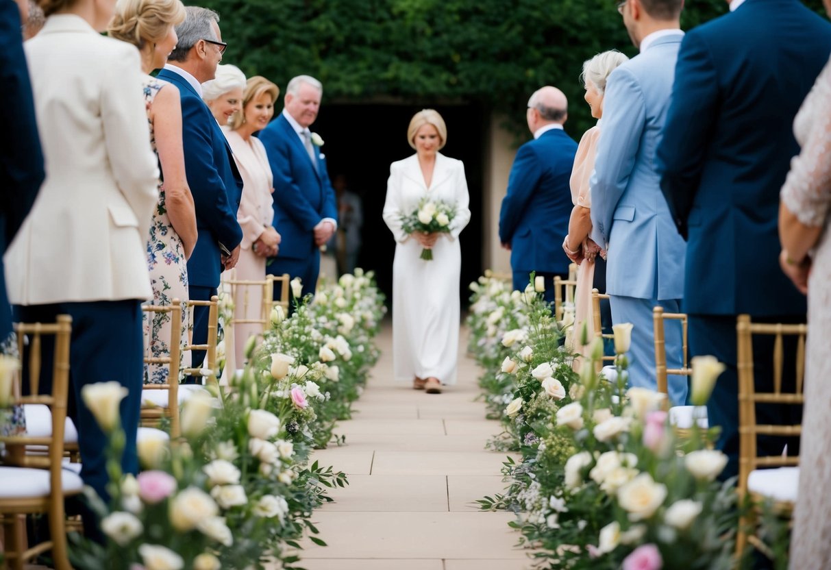 A solitary figure walks down a flower-lined aisle, surrounded by the hushed anticipation of onlookers