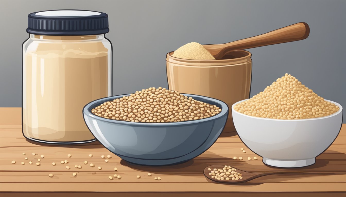 A jar of tahini sits next to a bowl of sesame seeds. Various substitute ingredients surround them on a wooden table