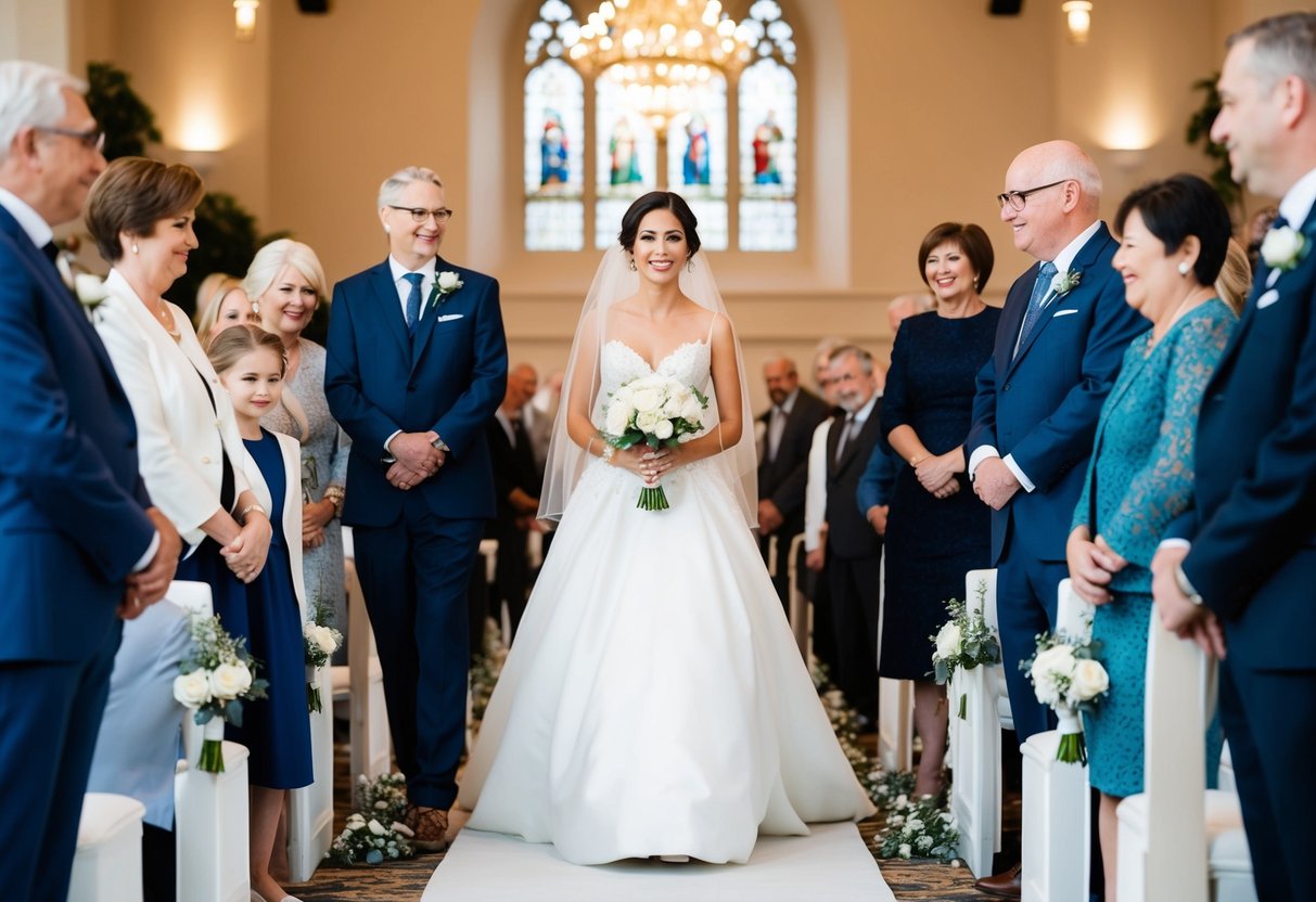 A bride stands confidently at the start of the aisle, surrounded by loving family members on either side, ready to walk down alone