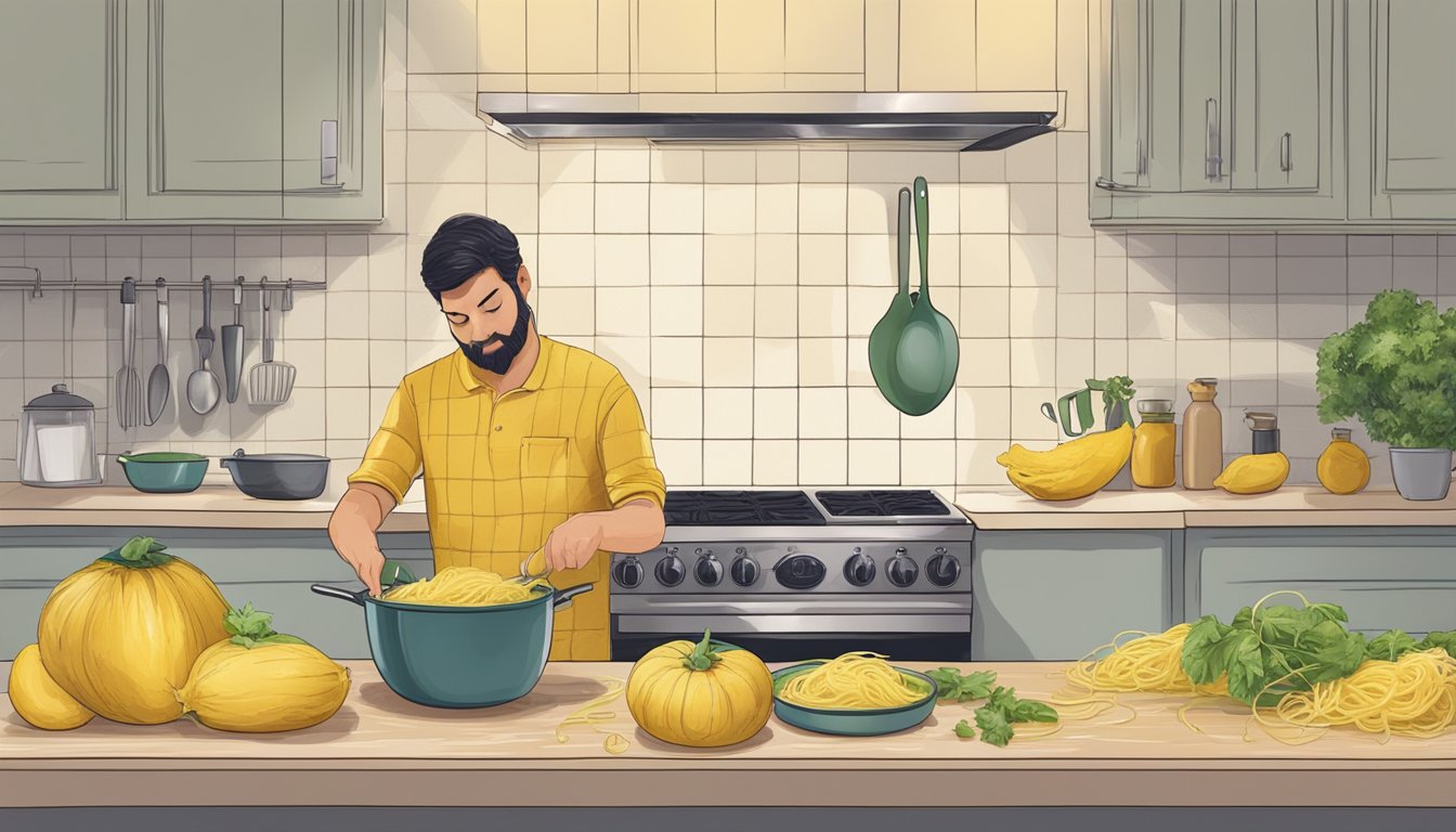 A person cooks spaghetti squash instead of pasta in a kitchen