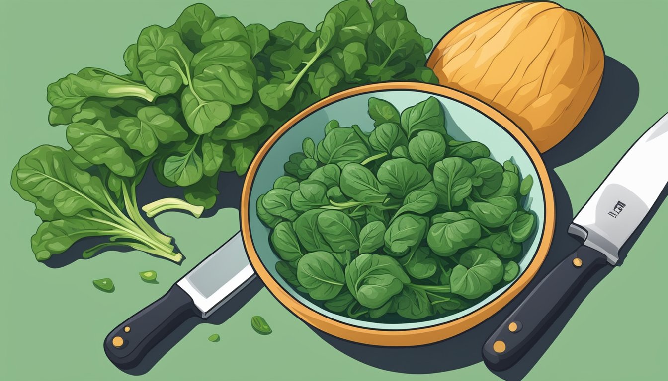 A bowl of spinach next to a bunch of kale, with a chef's knife and cutting board