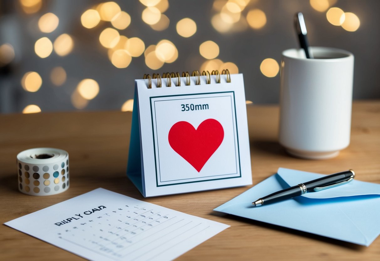 A calendar with a circled date, a heart-shaped reminder, and an envelope with a reply card and pen