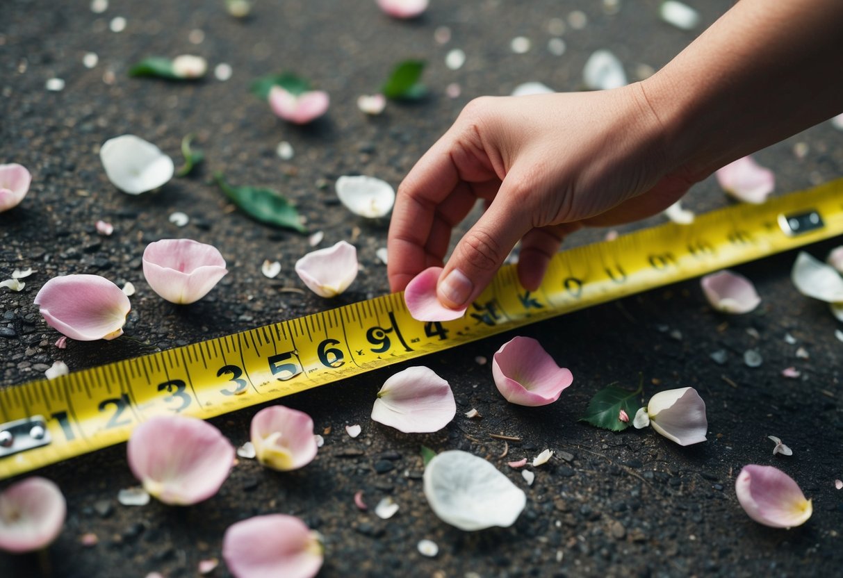 A measuring tape lays on the ground, surrounded by scattered rose petals. A hand reaches down to pick up a handful, counting them one by one