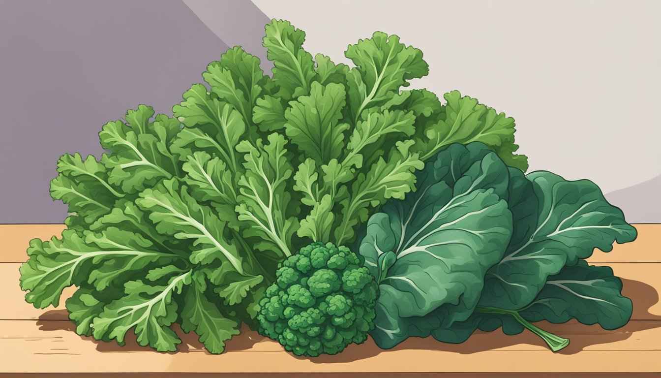 A vibrant bunch of kale sits next to a pile of spinach, showcasing the contrast in color and texture between the two leafy greens