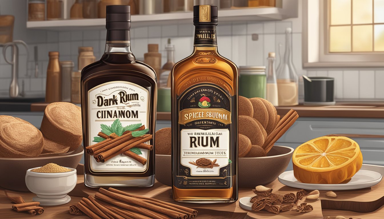 A bottle of dark rum and spiced rum sit on a kitchen counter, surrounded by various baking ingredients such as vanilla extract, cinnamon sticks, and brown sugar