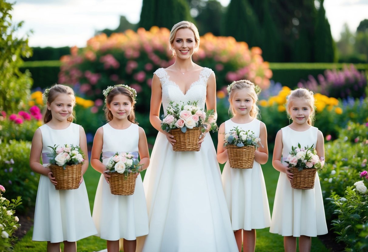 A bride surrounded by four flower girls, each holding a basket of flowers, standing in a garden with blooming flowers in the background