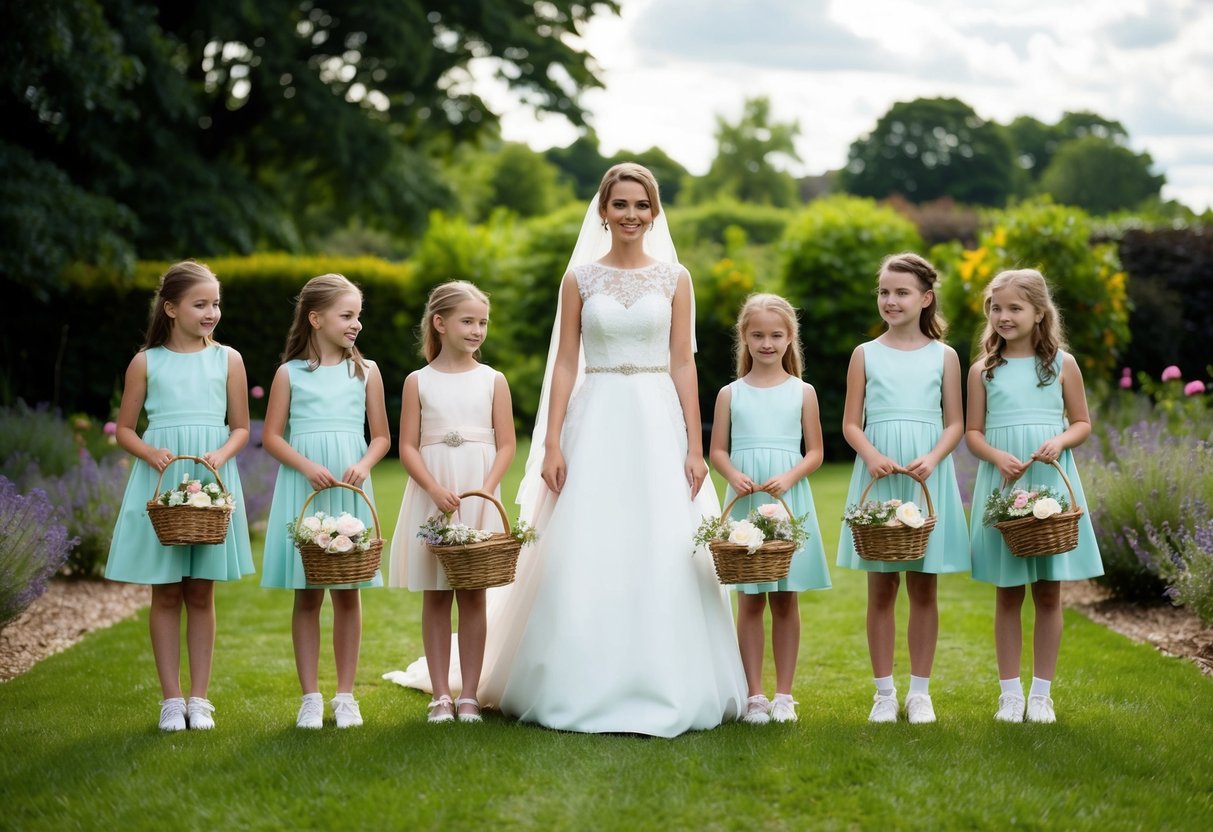 A bride stands in a garden surrounded by a group of young girls, each holding a basket of flowers