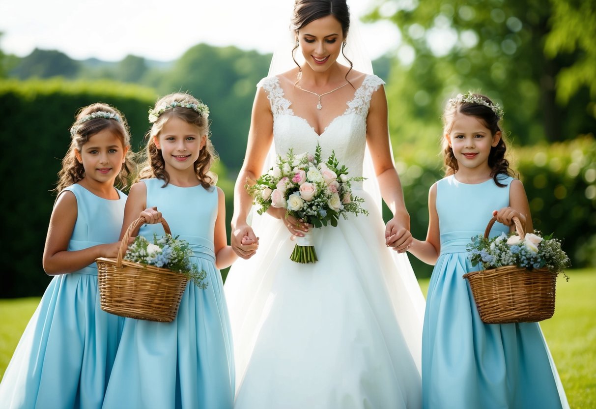 A bride surrounded by three flower girls wearing matching dresses and holding baskets of flowers