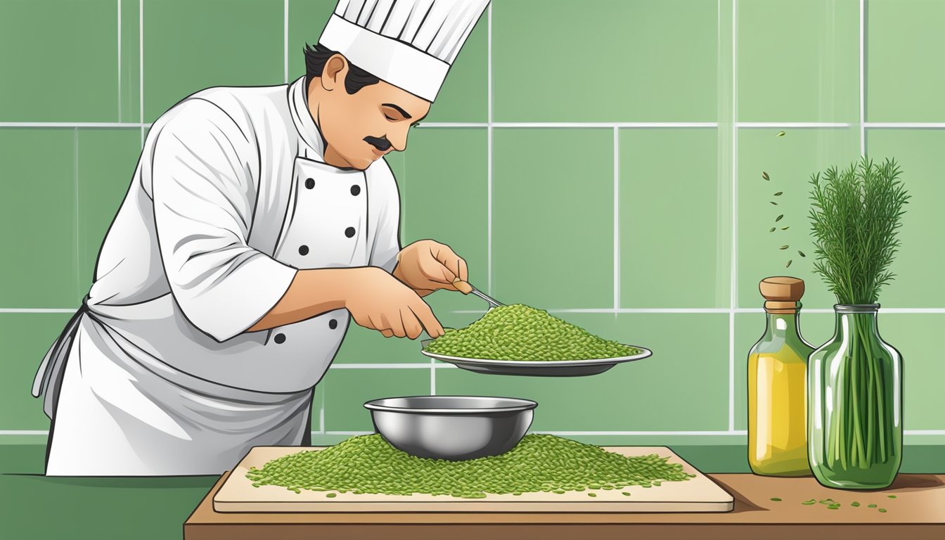 A chef sprinkles fresh tarragon over a dish, with a bottle of fennel seeds nearby