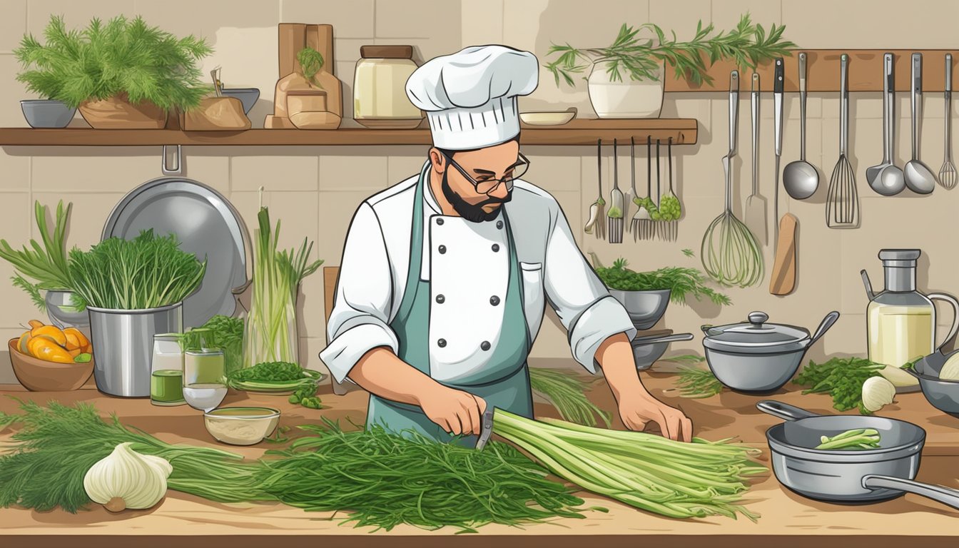 A chef swaps out a bunch of fresh tarragon for a bunch of fresh fennel in a recipe, with various cooking utensils and ingredients nearby