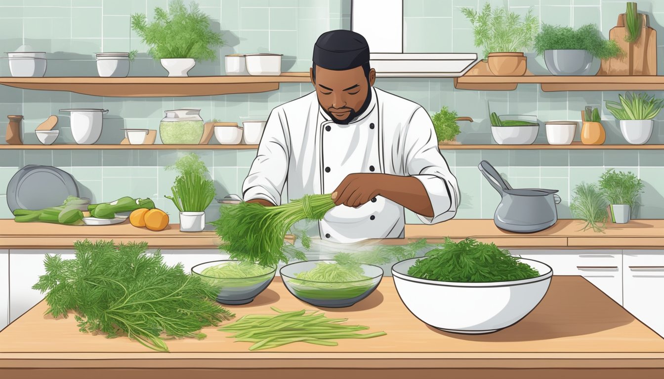 A chef swapping out fennel for tarragon in a recipe, carefully measuring and adding the aromatic herb to a dish on a kitchen counter