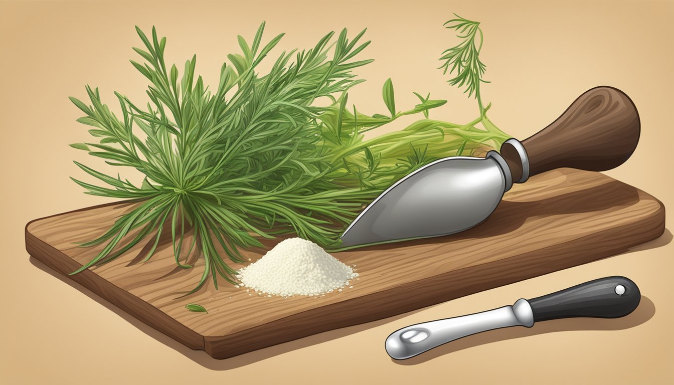 A hand reaching for tarragon and fennel, a mortar and pestle, and a measuring spoon on a wooden cutting board