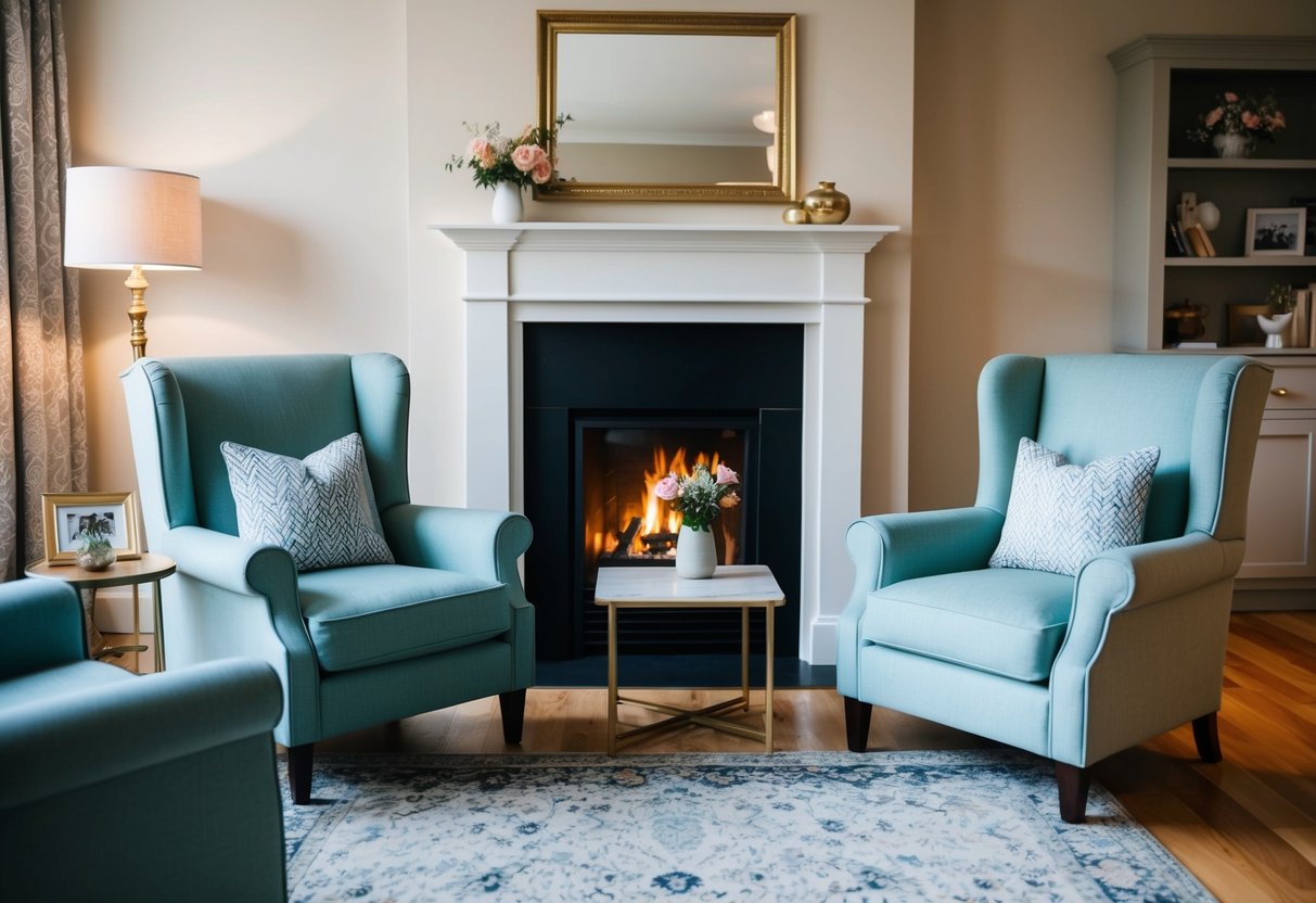 A cozy living room with two armchairs facing a fireplace, a small table between them, and a vase of flowers on top