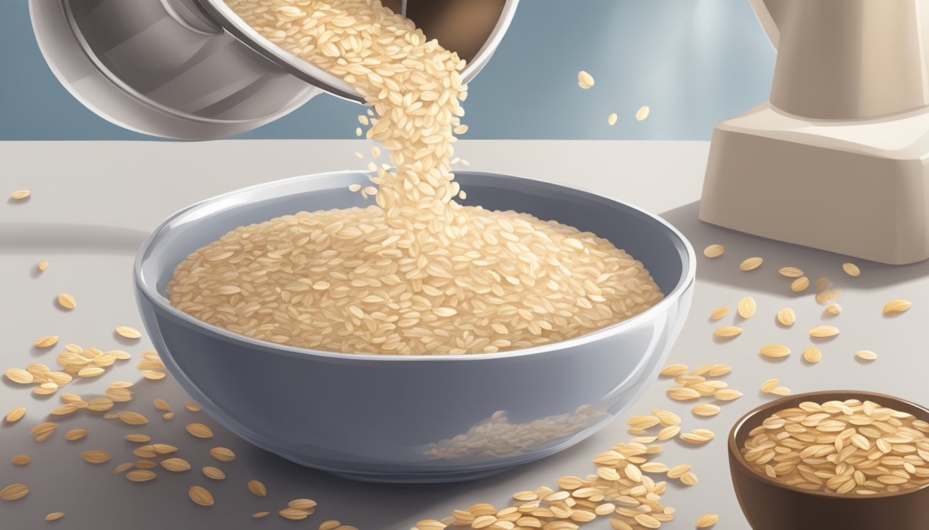 A bowl of steel cut oats pouring into a pot of boiling water, with a package of quick oats nearby for comparison