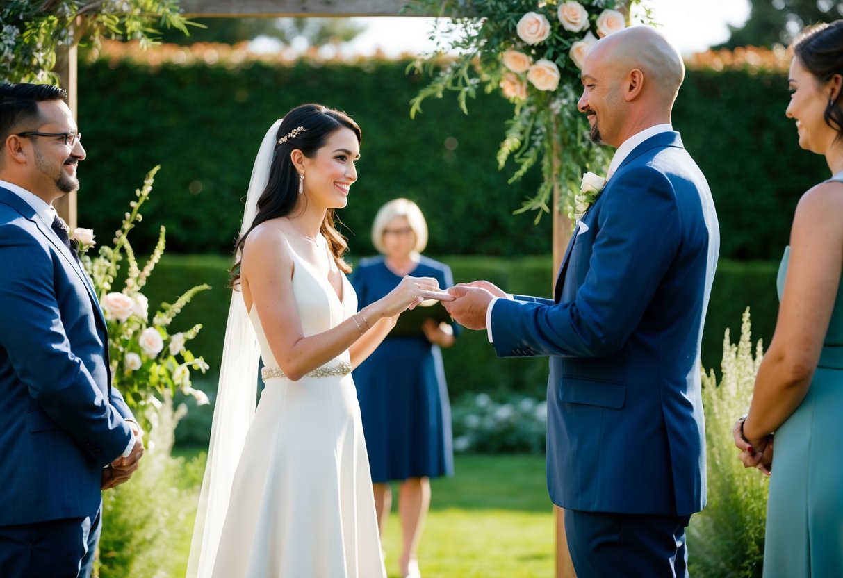 A celebrant stands before a couple, exchanging vows in a garden setting