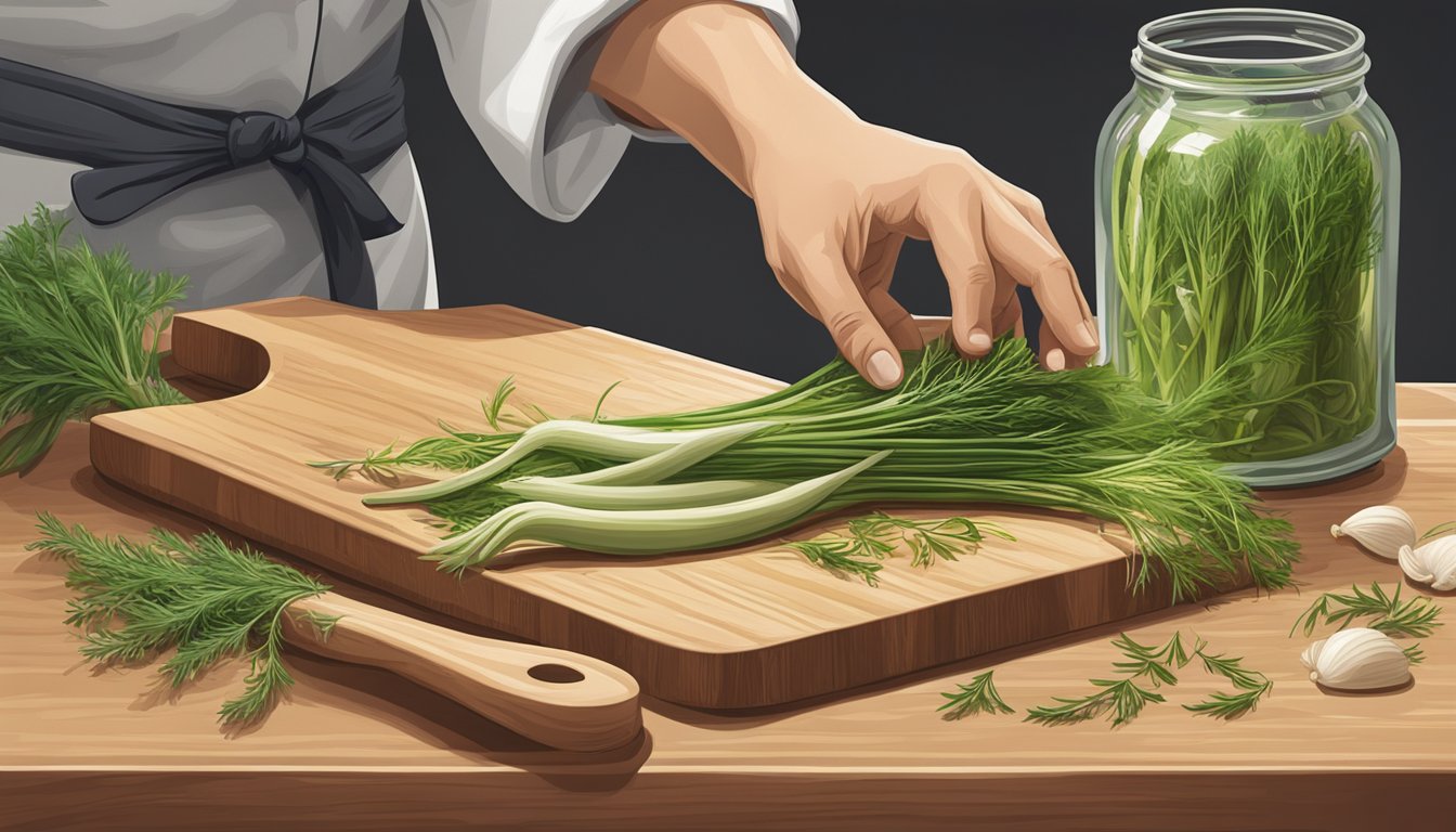 A chef reaching for a jar of tarragon while a bunch of fennel sits on a cutting board