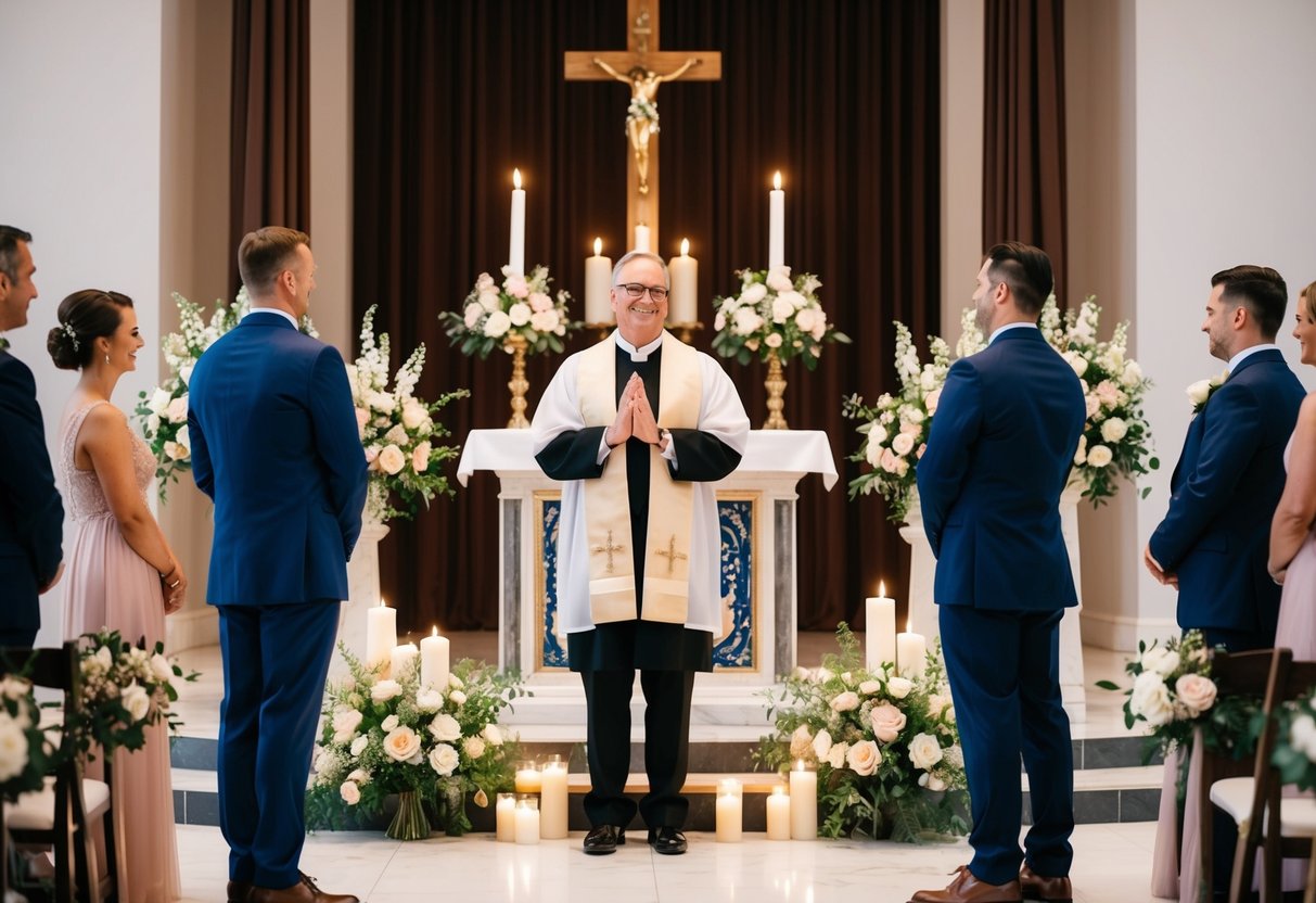 A celebrant stands at an altar, surrounded by flowers and candles, with a couple standing before them