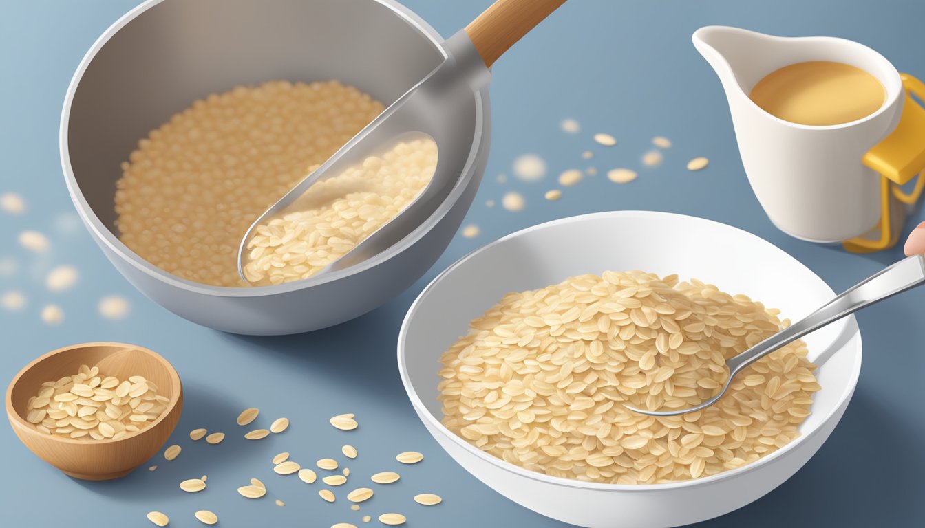 A bowl of steel cut oats pouring into a mixing bowl filled with ingredients, next to a bag of quick oats with a measuring cup