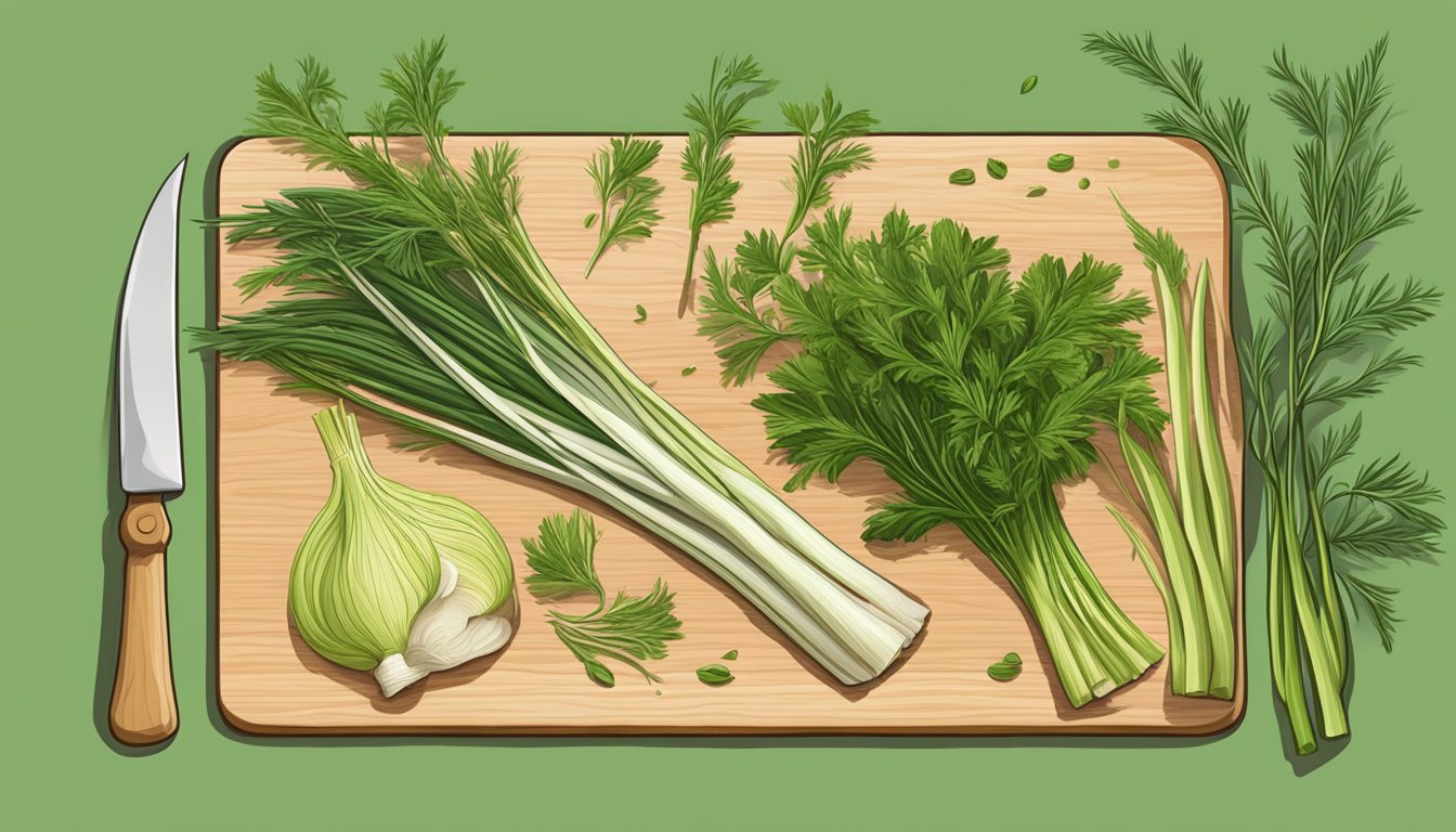 A chef swaps out a bunch of fresh fennel for a bunch of fresh tarragon on a wooden cutting board